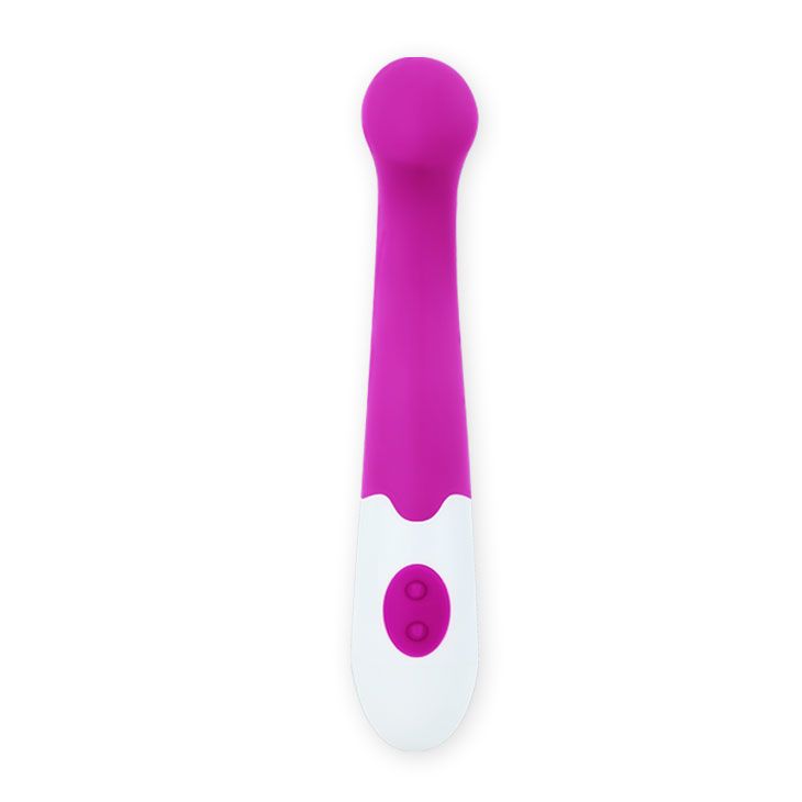 Pinkfarbener Vibrator mit weißem Griff. Zwei Knöpfe.