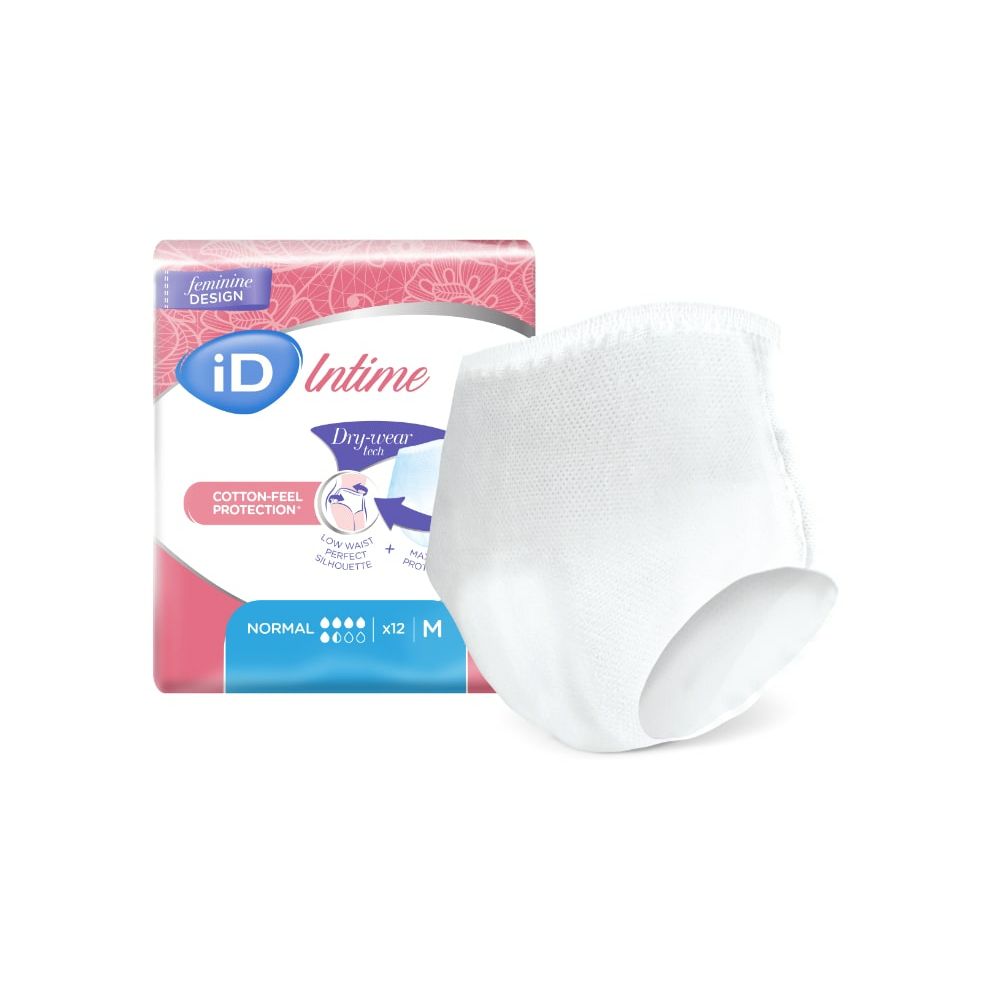iD Intime Pants und Verpackung. Weiße Pants neben rosa-weißer Verpackung. 'Dry-wear tech' und 'Cotton-feel Protection'.