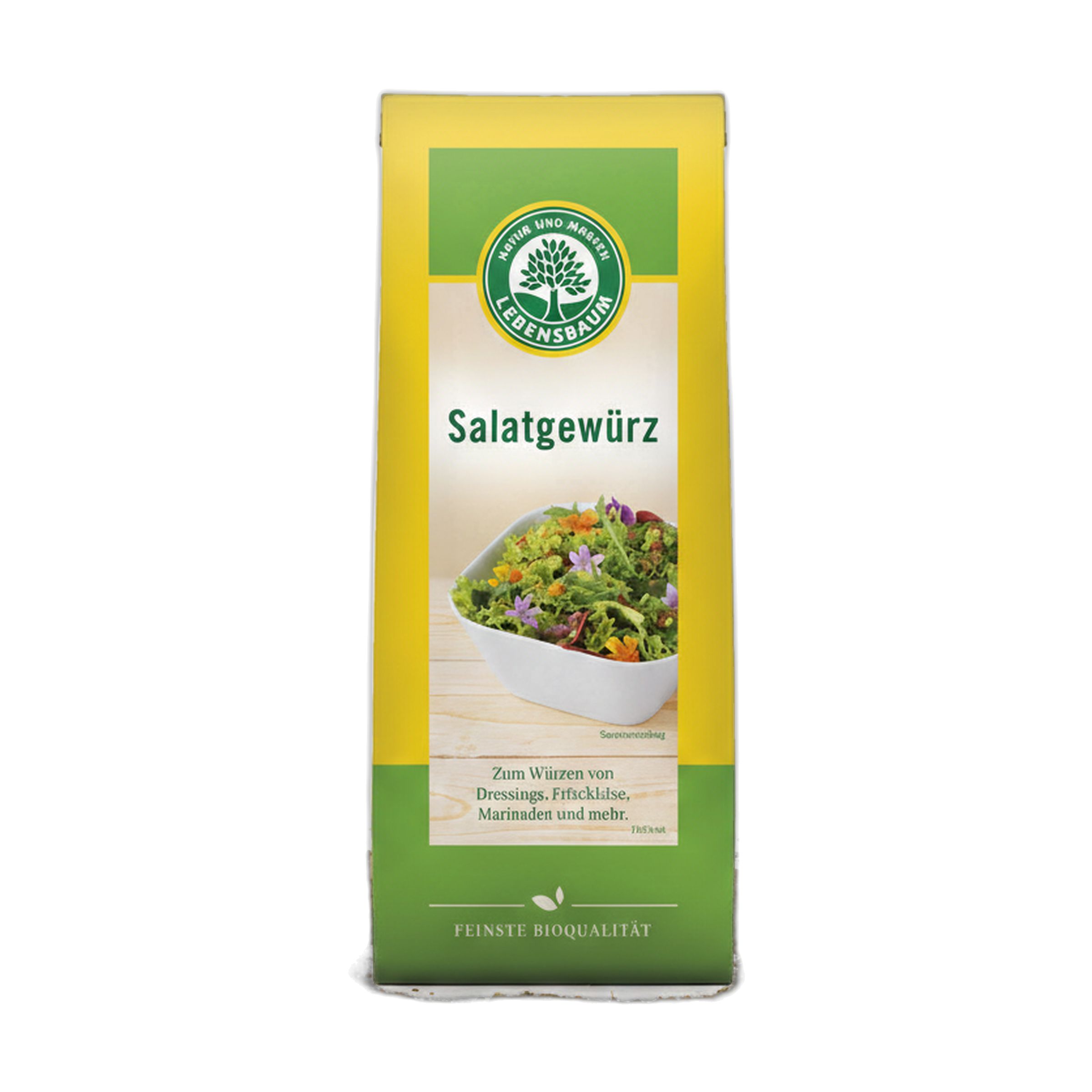Packung Bio Salatgewürz mit Abbildung einer Schüssel Salat und Lebensbaum-Logo.