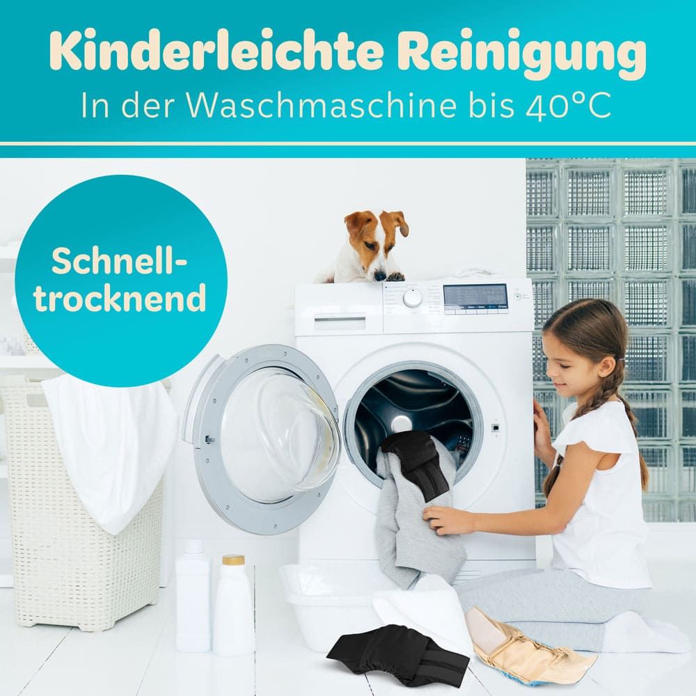 Kind legt Windel in Waschmaschine. Text: Kinderleichte Reinigung, In der Waschmaschine bis 40°C.
