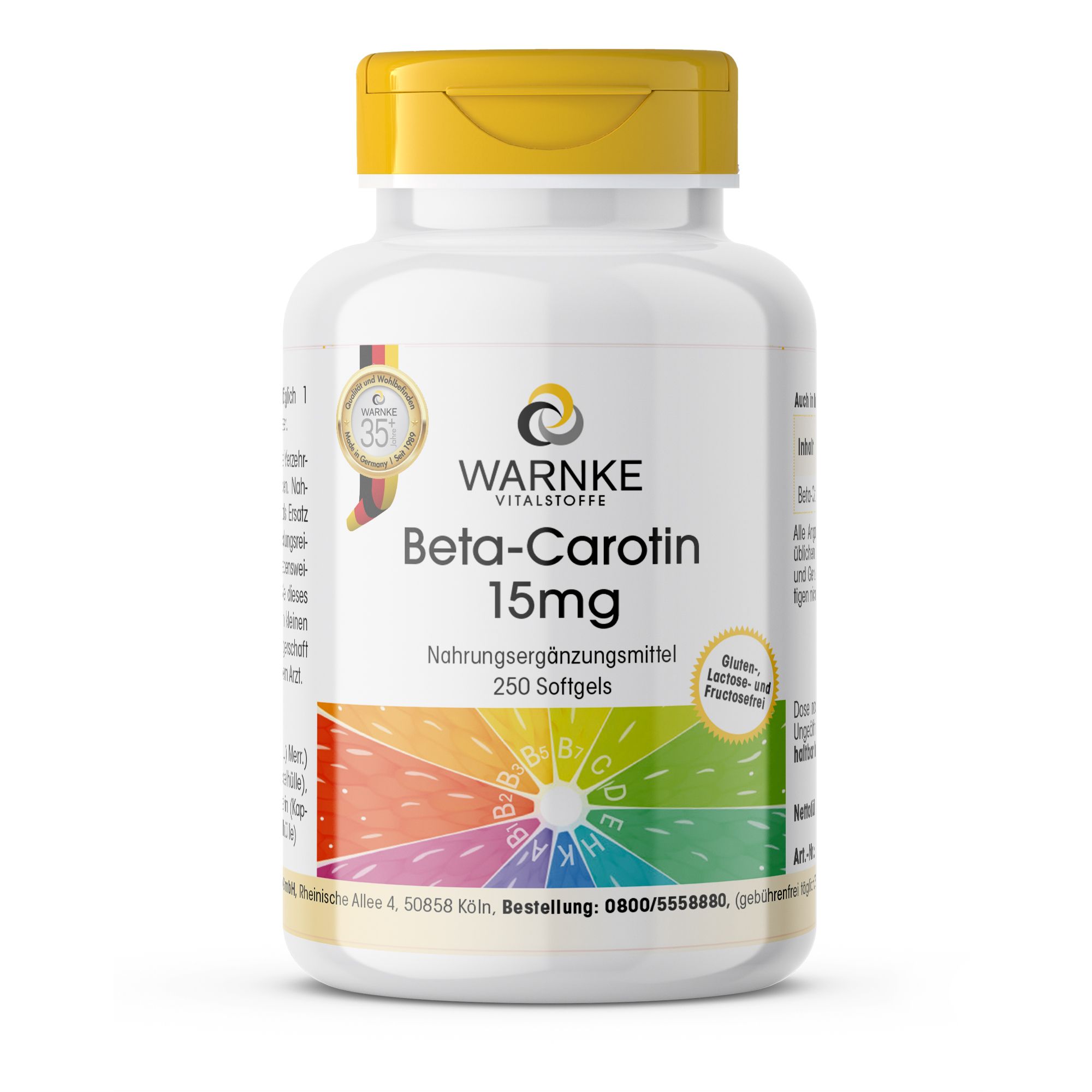 Weißes Nahrungsergänzungsmittel-Behälter mit gelbem Deckel. Beschriftung: Beta-Carotin 15mg, 250 Softgels. Marke: WARNKE.