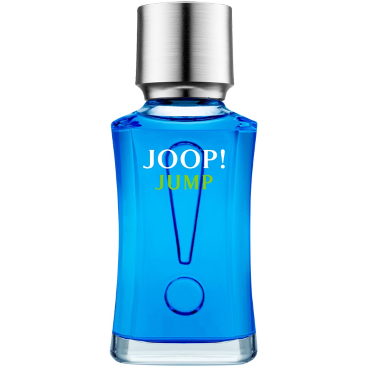 Blaues Parfümflakon mit silbernem Deckel. Aufschrift JOOP! JUMP. Ausrufezeichen-Design.