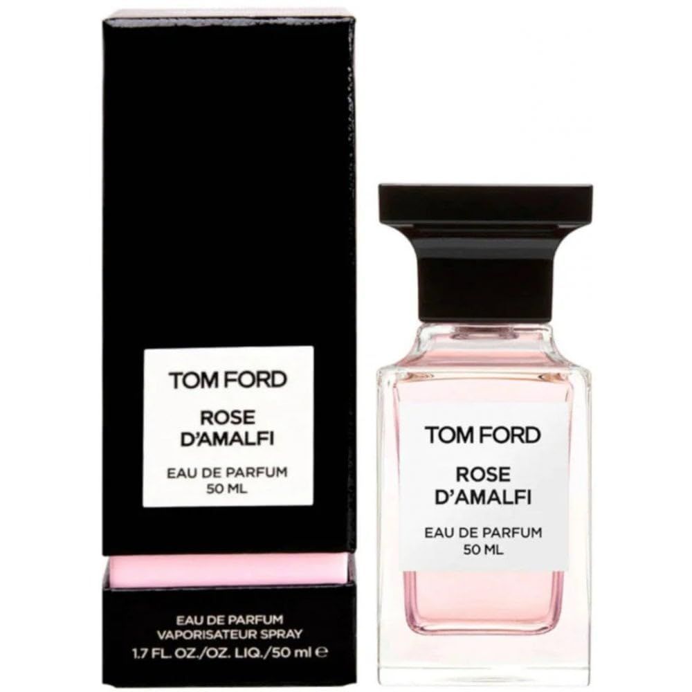 Parfümflakon und schwarze Verpackung. Aufschrift: TOM FORD, ROSE D'AMALFI, Eau de Parfum, 50 ML. Flakon mit schwarzem Verschluss.
