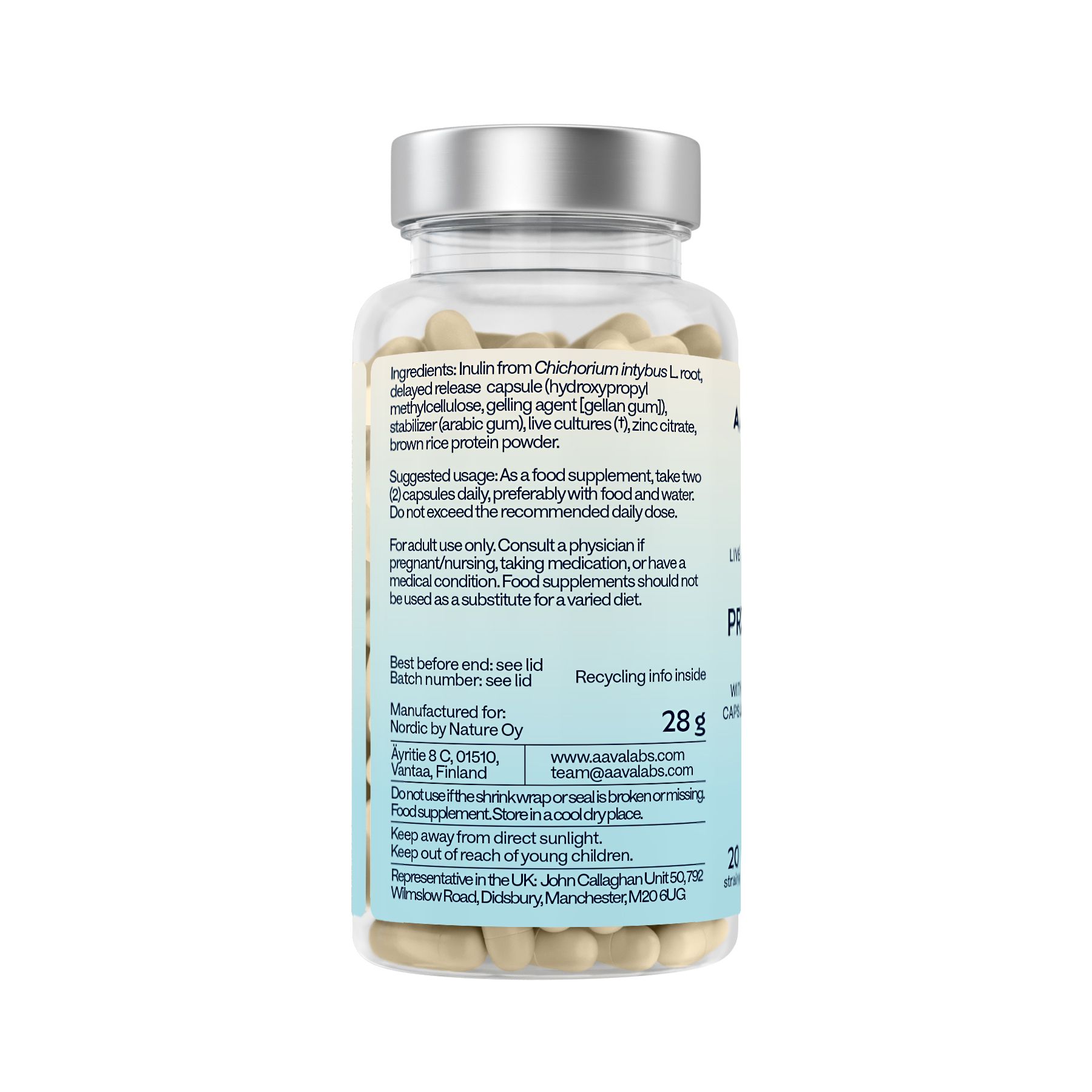 Rückseite einer Flasche mit Probiotika-Kapseln, Nährwertangaben und Inhaltsstoffen.