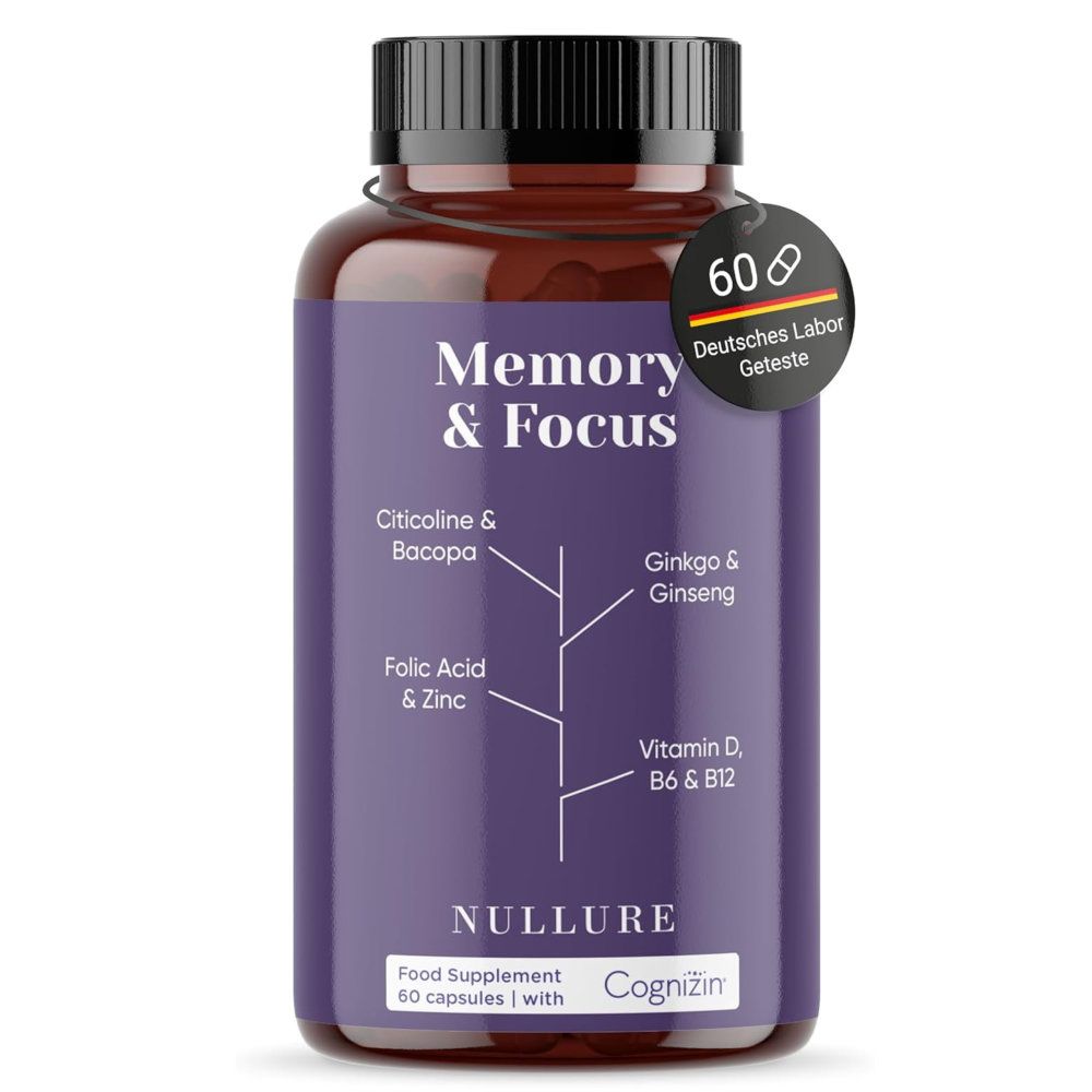 Braune Flasche mit lila Etikett. Aufschrift: Memory & Focus. Enthält Citicoline & Bacopa, Folsäure & Zink, Ginkgo & Ginseng, Vitamin D, B6 & B12. Siegel: Deutsches Labor Getestet.