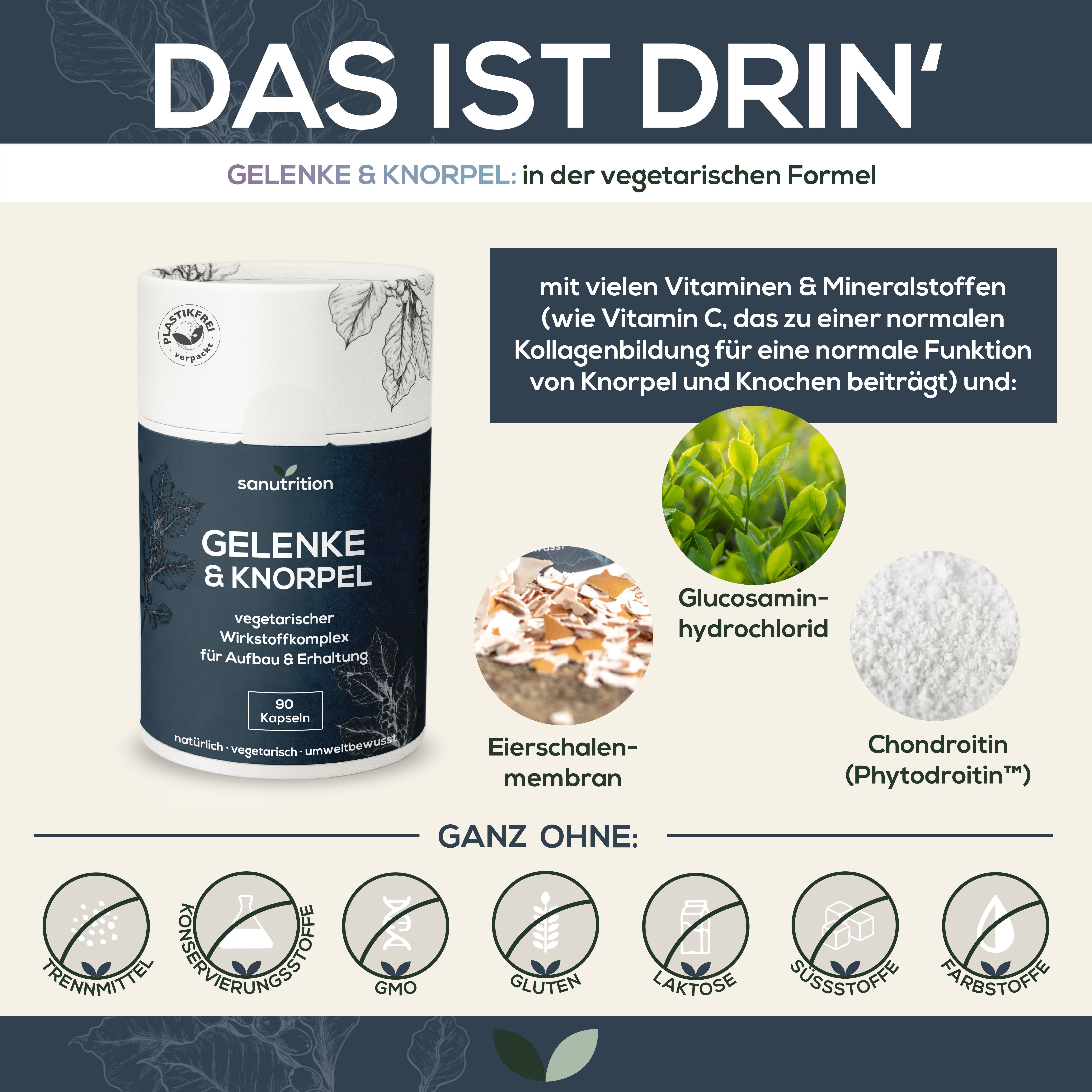 Produktverpackung 'Gelenke & Knorpel' von sanutrition. Enthält Inhaltsstoffe wie Glucosamin, Chondroitin, Eierschalenmembran.