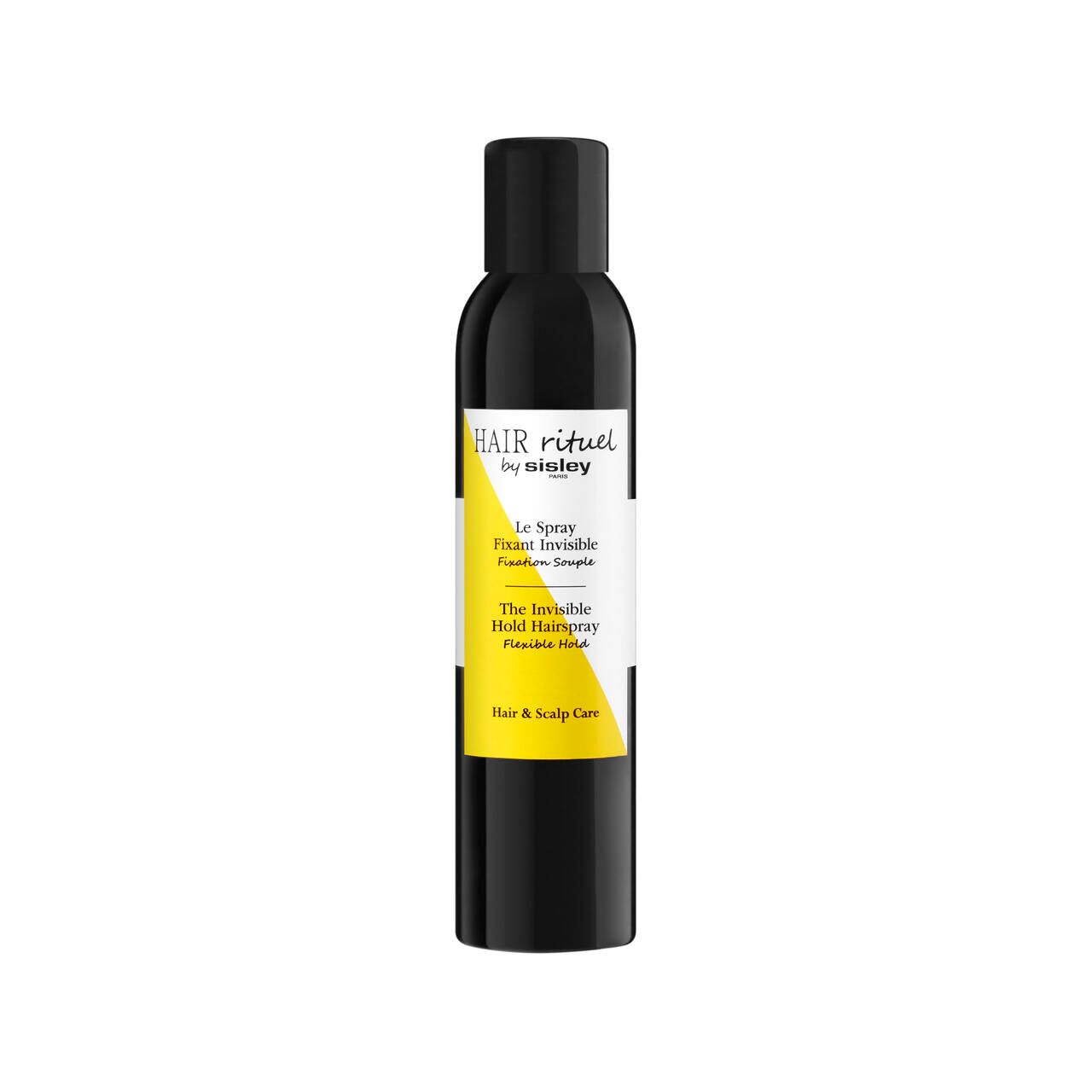 Schwarze Haarspraydose mit gelbem Etikett. Beschriftung: HAIR rituel by Sisley, Le Spray Fixant Invisible, The Invisible Hold Hairspray.