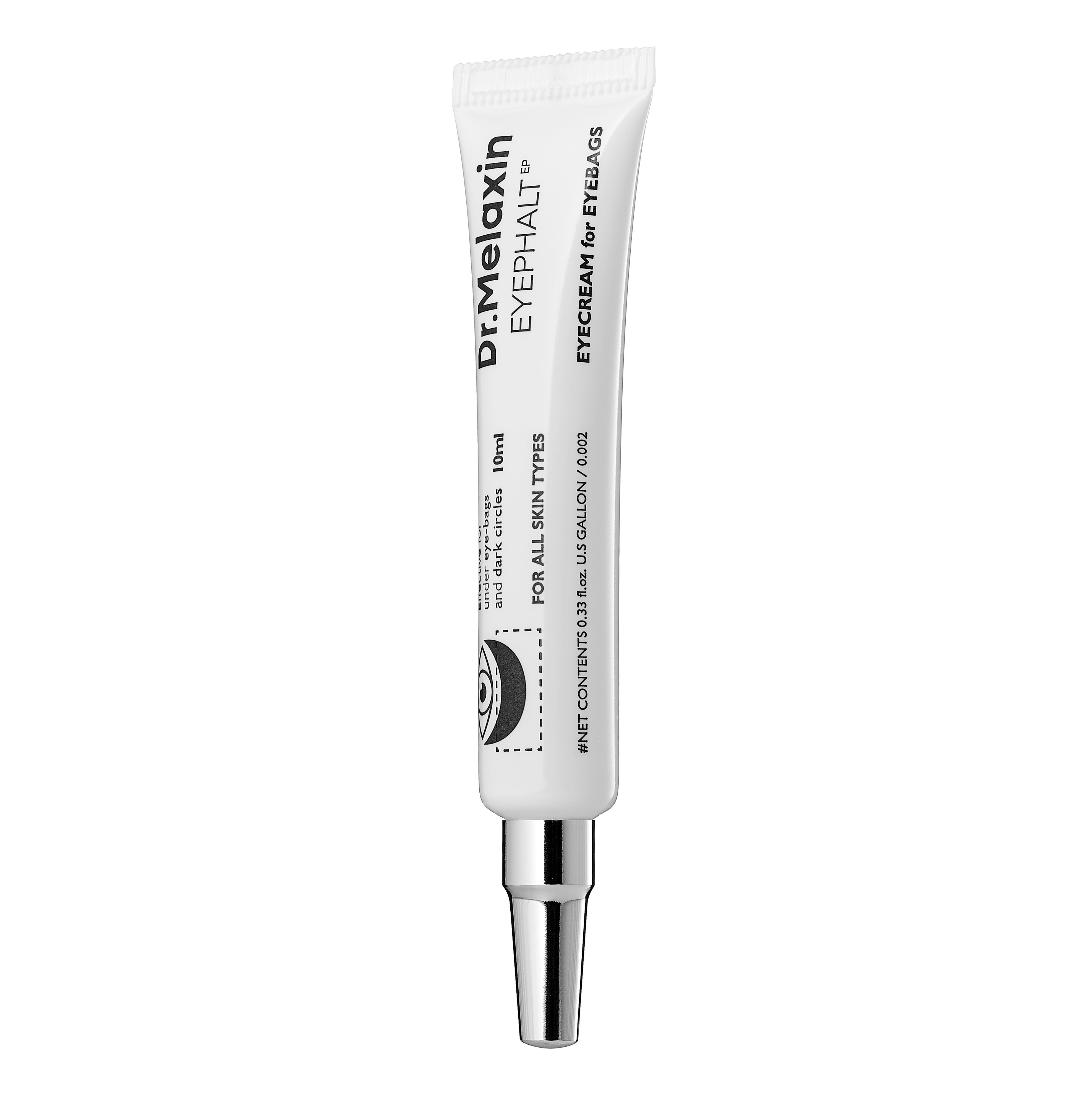 Weiße Tube mit silberner Spitze. Aufschrift: Dr.Melaxin EYEPHALT EP, Augencreme für Tränensäcke. 10ml.