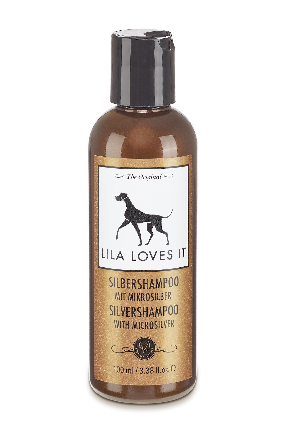 Braune Flasche mit schwarzem Deckel und Produktetikett. Enthält Text: SILBERSHAMPOO, LILA LOVES IT, mit Microsilber. 100 ml.