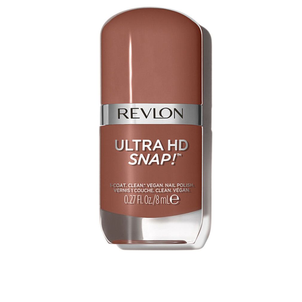 Revlon Ultra HD Snap! Nagellack, Farbe 013 Basic. Flasche mit braunem Nagellack. Silberner Streifen mit Revlon-Logo. Text: Ultra HD Snap!