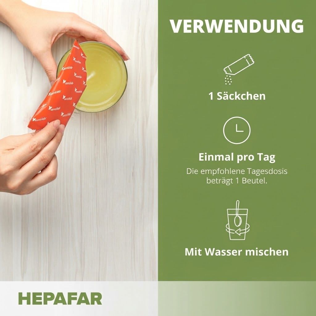 Hepafar Verwendung: 1 Säckchen täglich mit Wasser mischen.