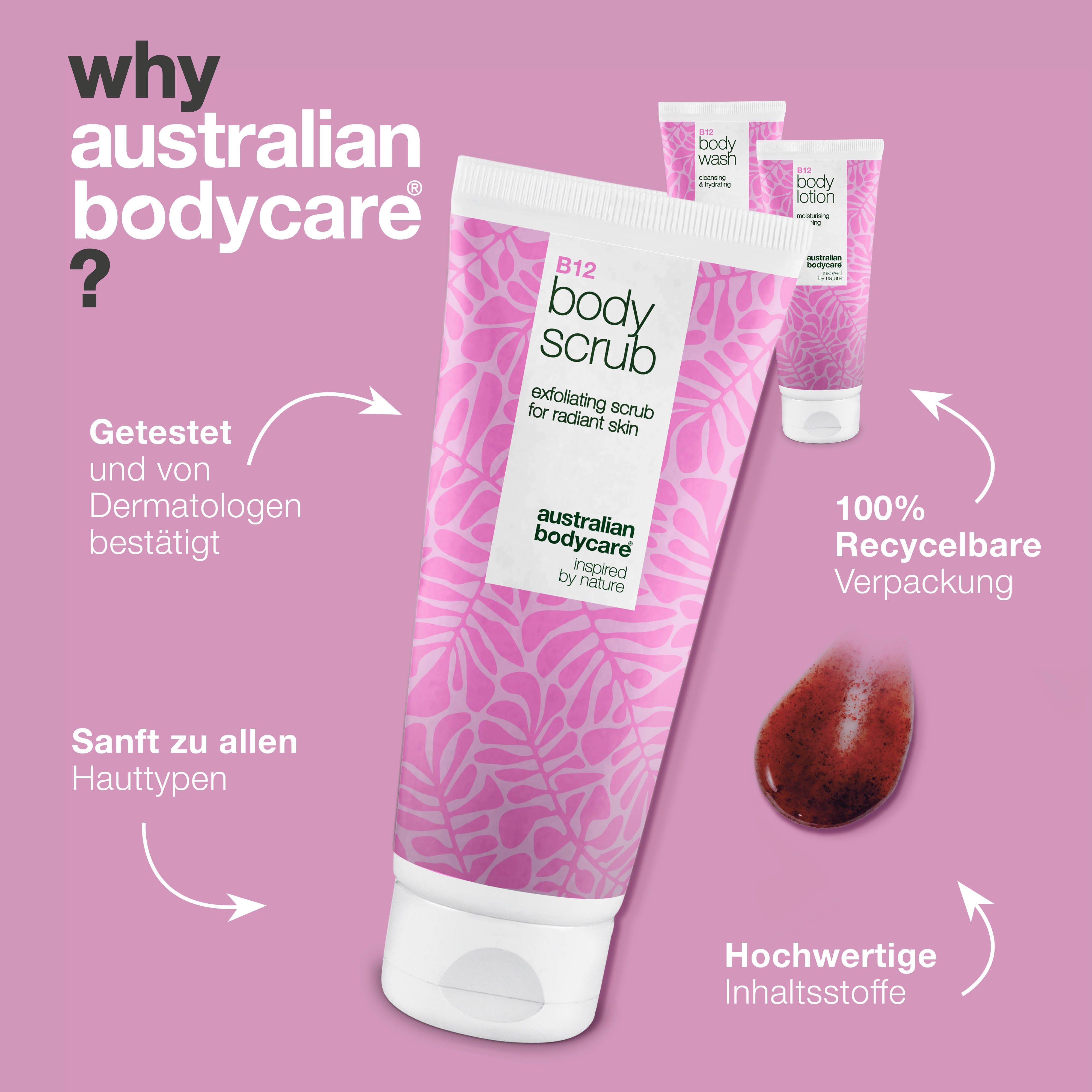 Australian Bodycare B12 Body Scrub. Rosa Design. Text, Pfeile, und ein braunes Peeling-Produkt.