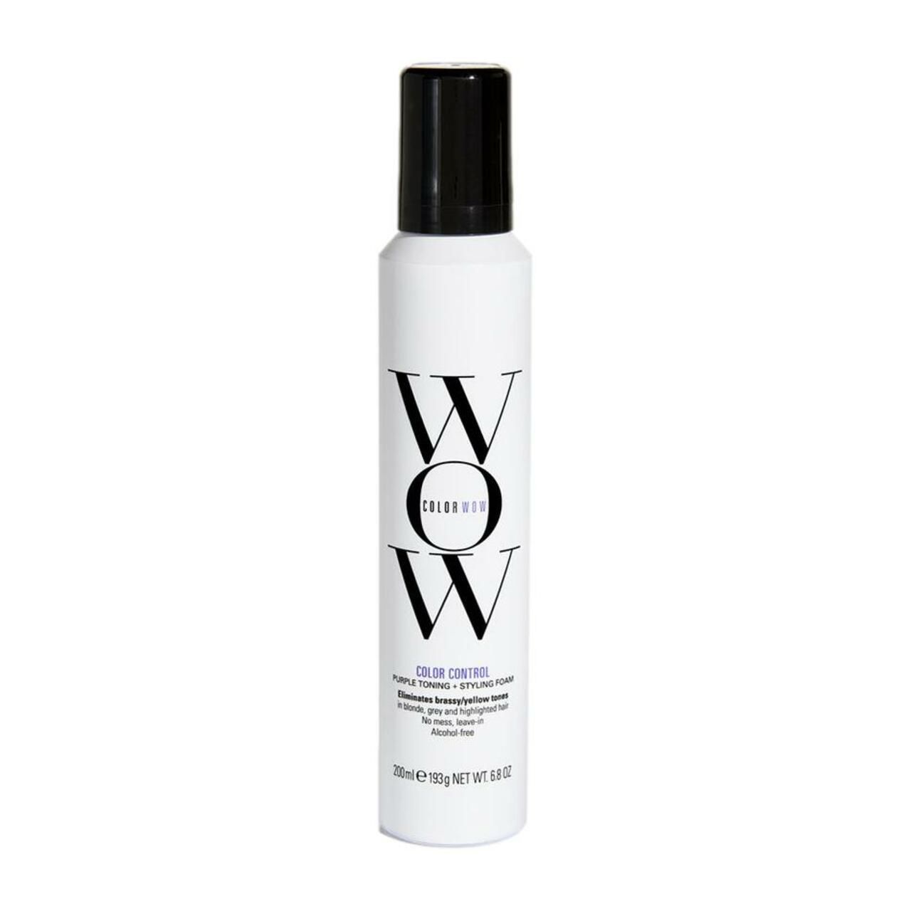 Weißes Produkt mit schwarzem Deckel. Aufschrift "WOW COLOR". Text: "COLOR CONTROL PURPLE TONING + STYLING FOAM".