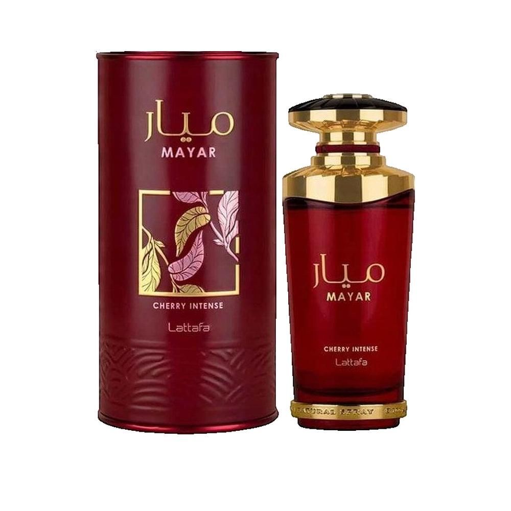 Rote Parfumflasche und Dose. Goldfarbene Akzente. Aufschrift: MAYAR, CHERRY INTENSE, Lattafa. Abbildung von Blättern.