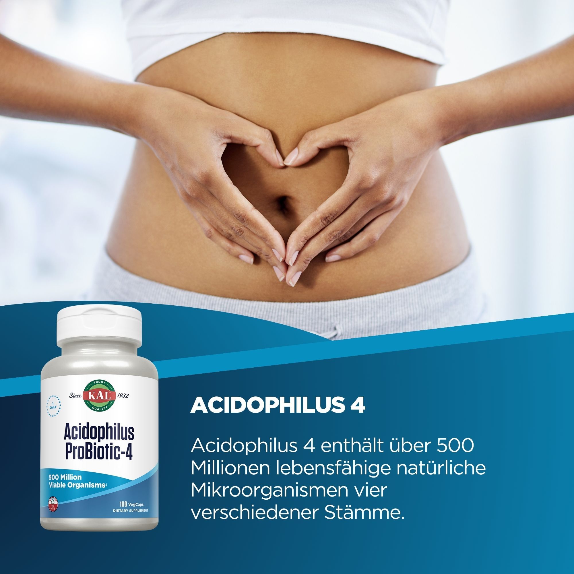 Flasche mit KAL Acidophilus Probiotic-4 Kapseln, enthält 500 Millionen lebende Mikroorganismen.