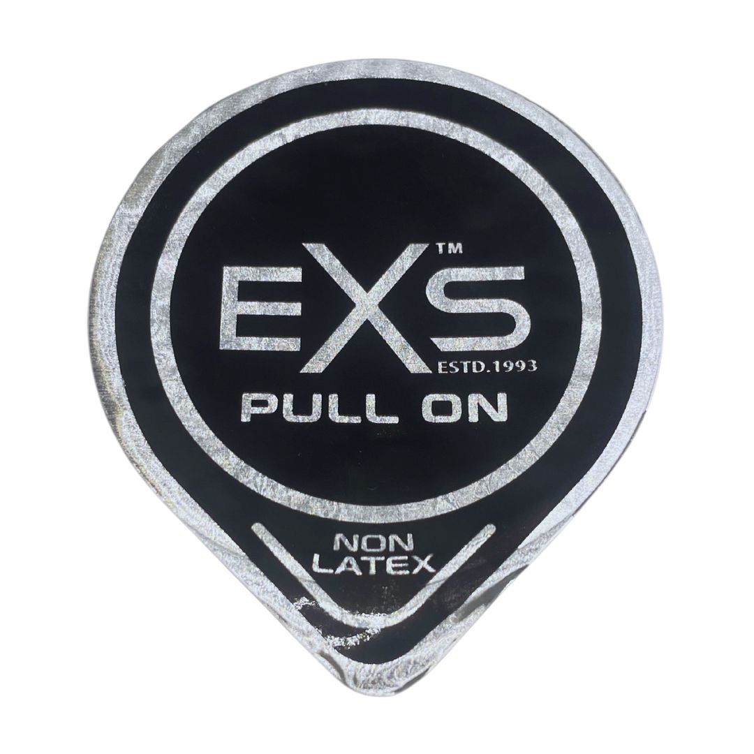 Runde, schwarze Verpackung mit EXS Logo und Schriftzug PULL ON NON LATEX. Silberfarbene Umrandung.