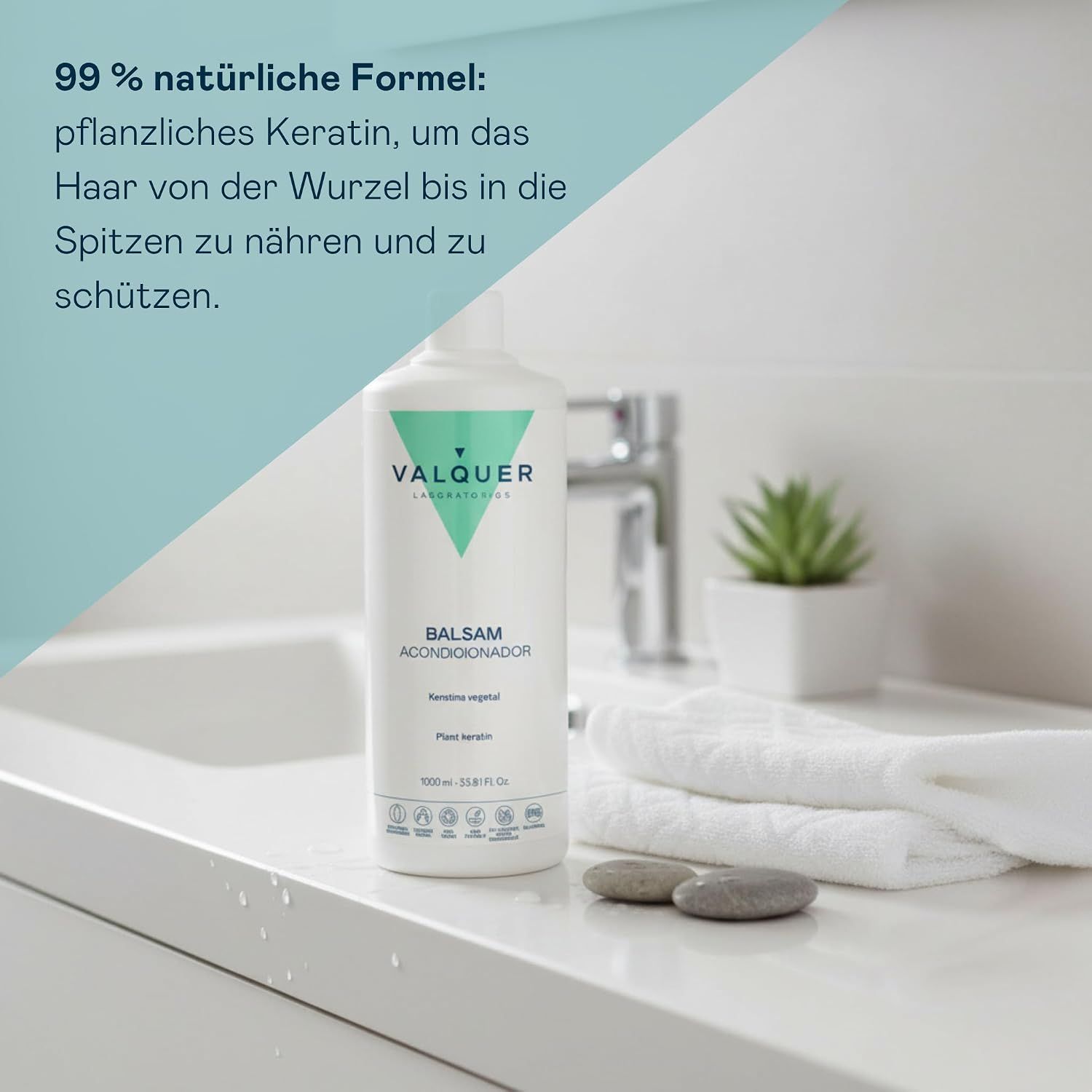 Dunkelblauer Spender mit weißer Pumpe. Enthält 250ml Aufbauende Behandlung mit Hefe-Peptiden.