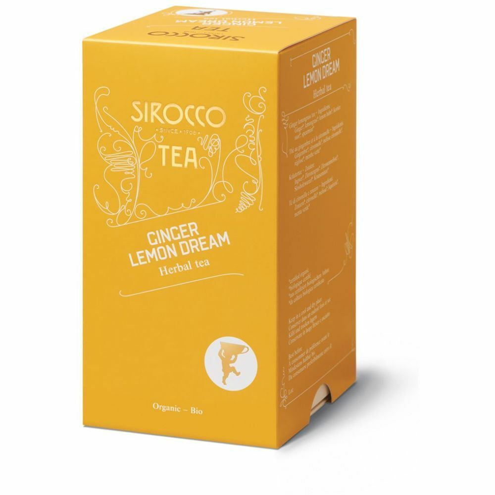 Gelbe Verpackung mit "Sirocco Tea Ginger Lemon Dream". Logo und Produktbezeichnung. Bio-Zertifizierung.