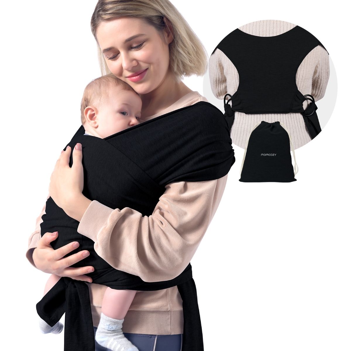 Schwarzes Babytragetuch, Baby und Mutter. Beutel mit Momcozy-Logo. Zusätzliches Tragetuch-Detail.