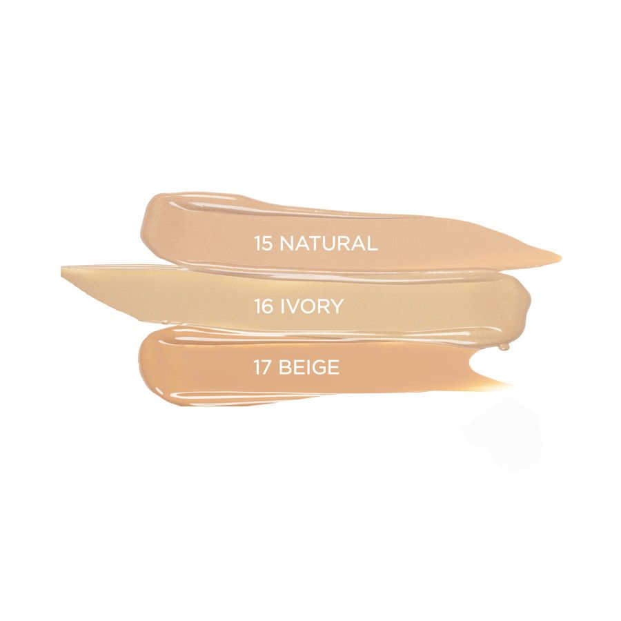 Ga-De Concealer-Farbmuster. Drei Farbtöne: 15 Natural, 16 Ivory, 17 Beige. Aufschrift der Farbbezeichnungen.