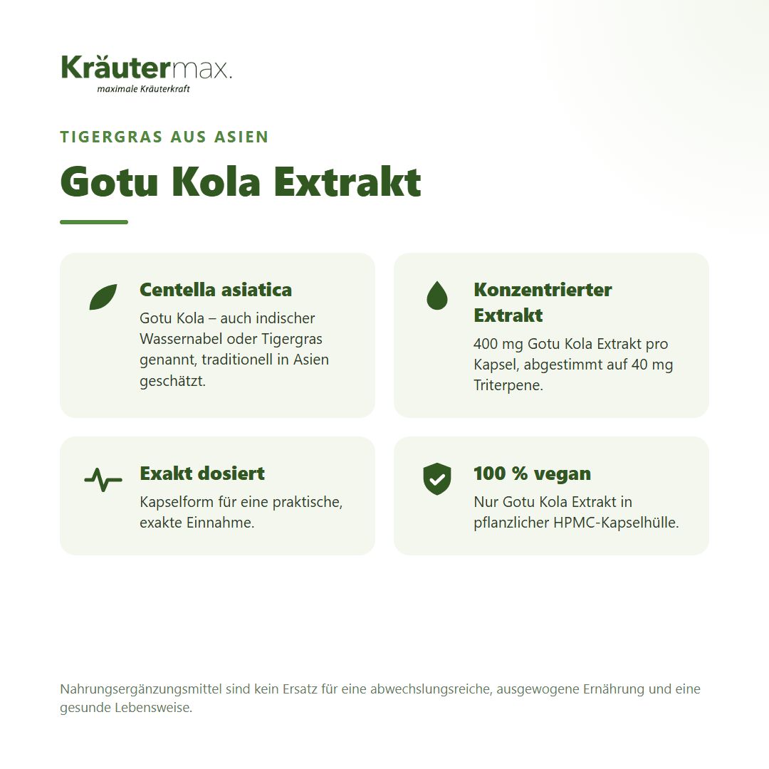 Zutateninformation: Gotu Kola Extrakt 400 mg, davon Triterpene 40 mg.