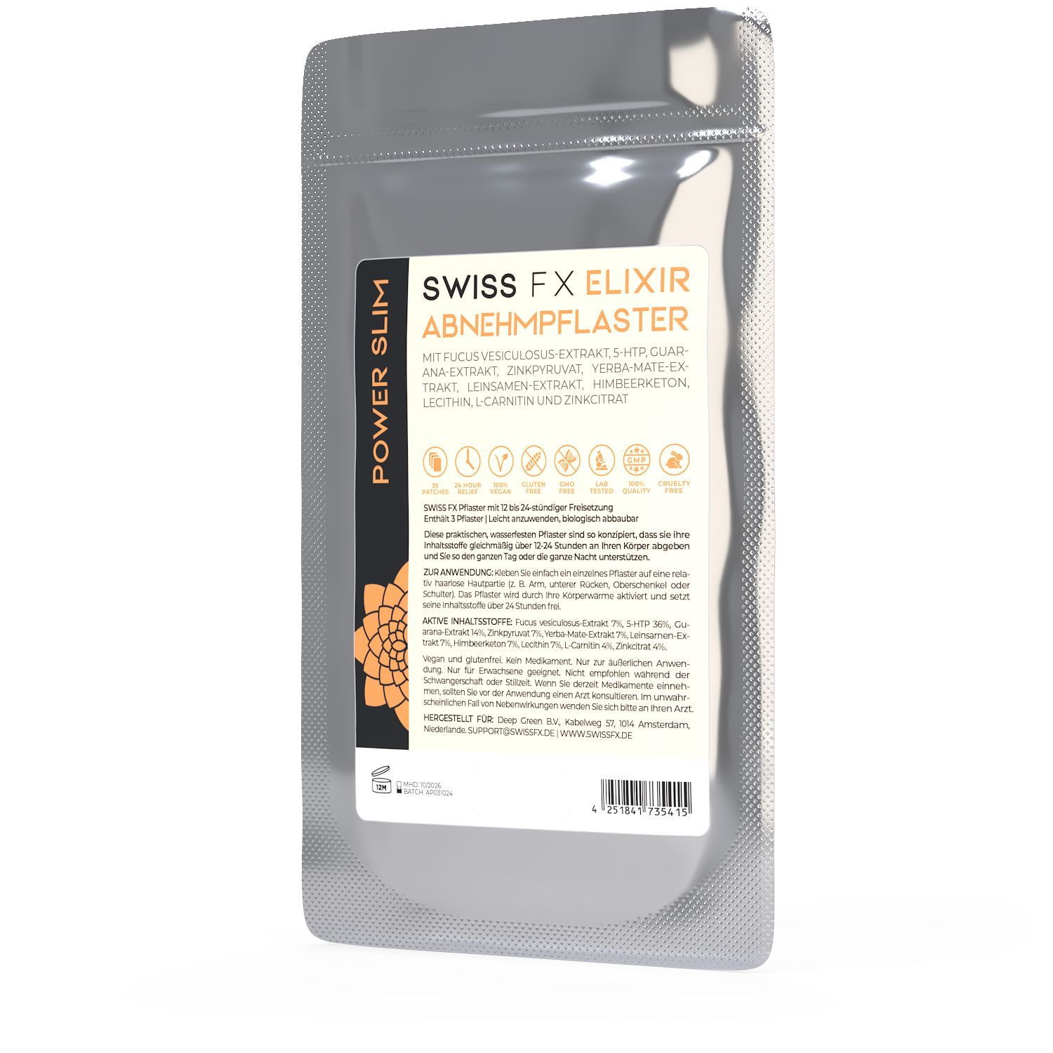 Silberne Verpackung mit Produktetikett. Aufschrift: SWISS FX ELIXIR Abnehm Pflaster. Enthält Inhaltsstoffe. Power Slim Logo.