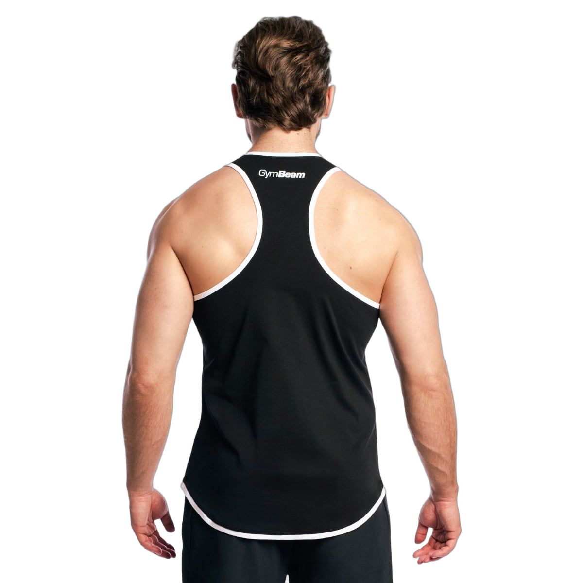 Rückansicht eines schwarzen Herren-Tanktops mit weißem Rand und "GymBeam"-Logo.