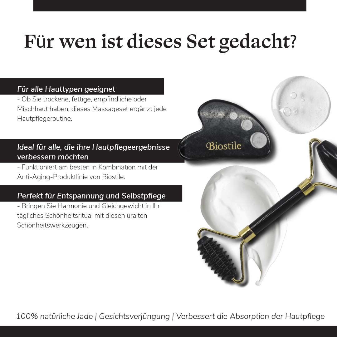Biostile Jade-Roller und Gua Sha Stein mit Text, der die Zielgruppe beschreibt.