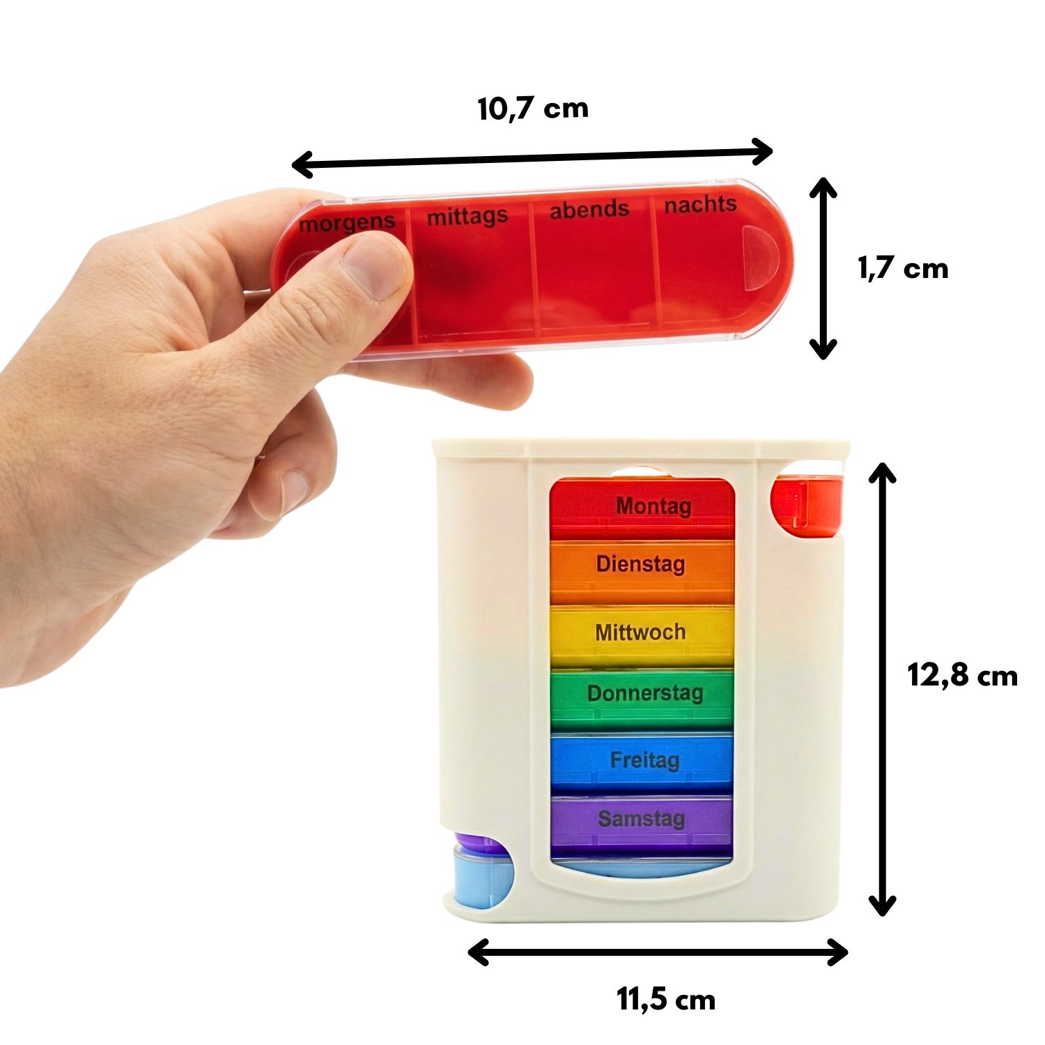 Tablettenbox, weiß, mit 7 farbigen Fächern. Maße: 11,5 x 12,8 x 10,7 cm. Roter Deckel mit Tageszeiten.