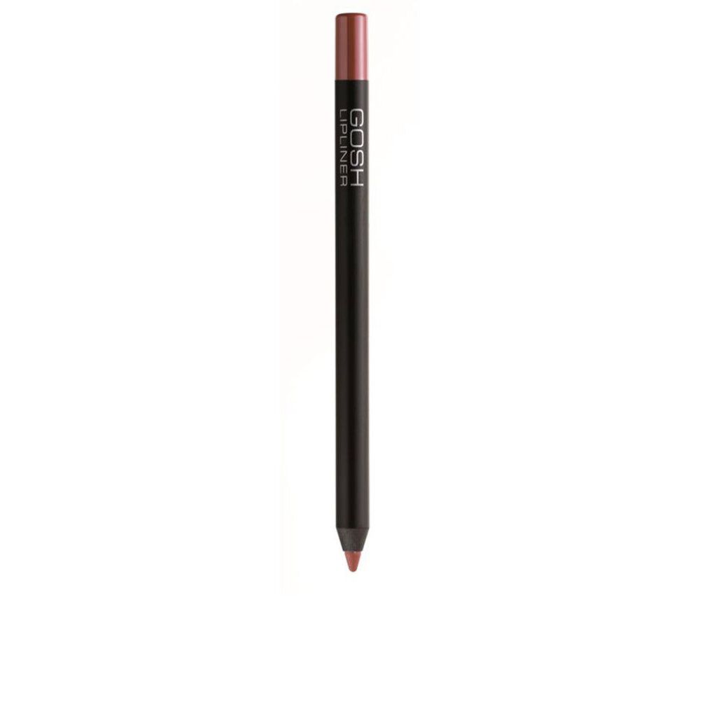Lippenstiftstift, dunkelbraun, mit rosafarbenem Ende. GOSH Lipliner Schriftzug. Auf weißem Hintergrund.
