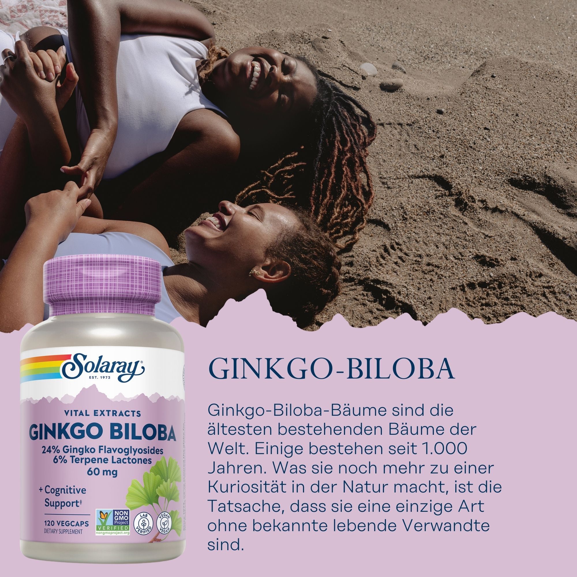 Solaray Ginkgo Biloba-Flasche mit Text. Enthält 24% Ginkgo Flavonglykoside, 6% Terpenlactone, 60 mg. 120 Vegicaps.
