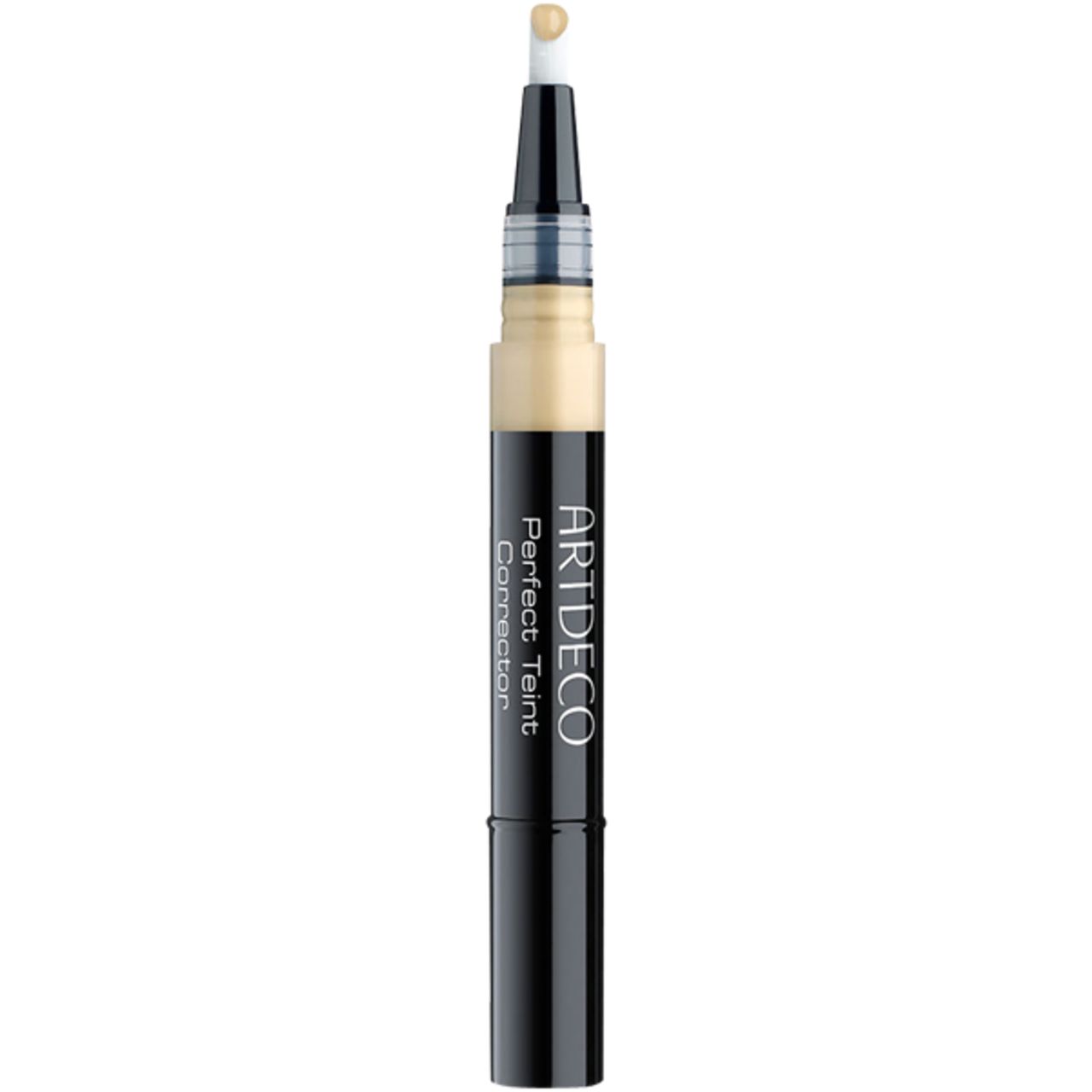 Artdeco Perfect Teint Corrector. Schwarzer Stift mit beiger Flüssigkeit und Applikator. Produktname und Marke sichtbar.