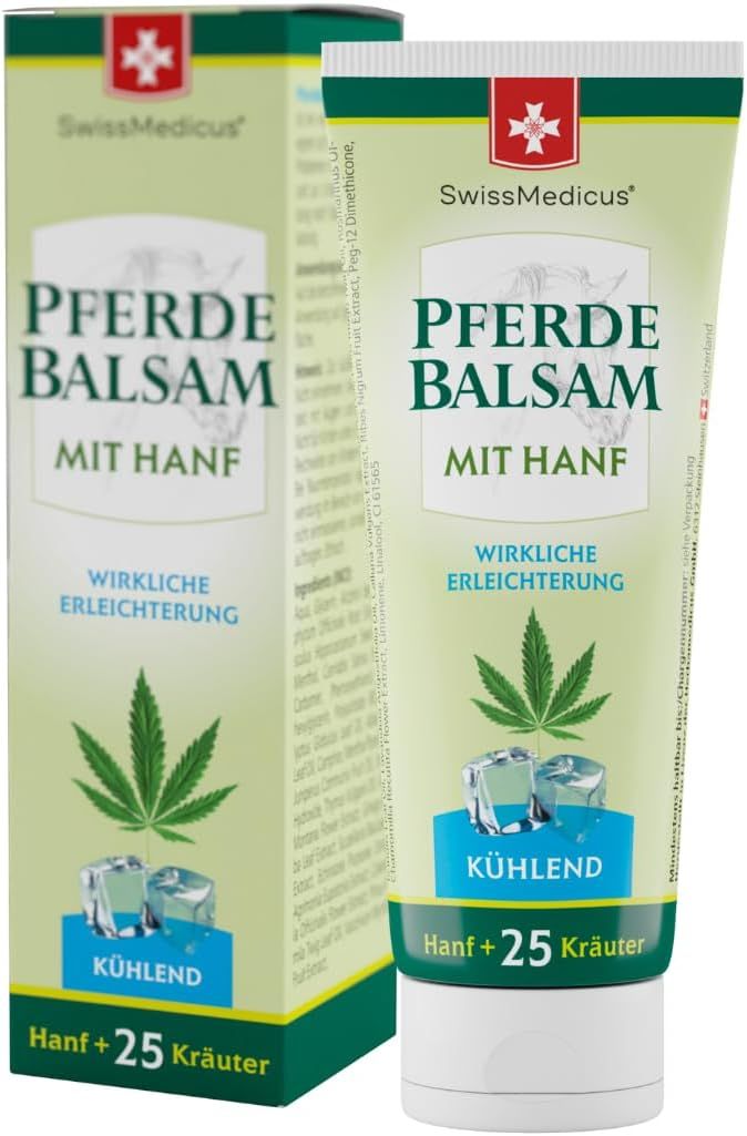 Tube und Verpackung mit Produktnamen und Logo. Enthält Hanf und 25 Kräuter. Kühlend.