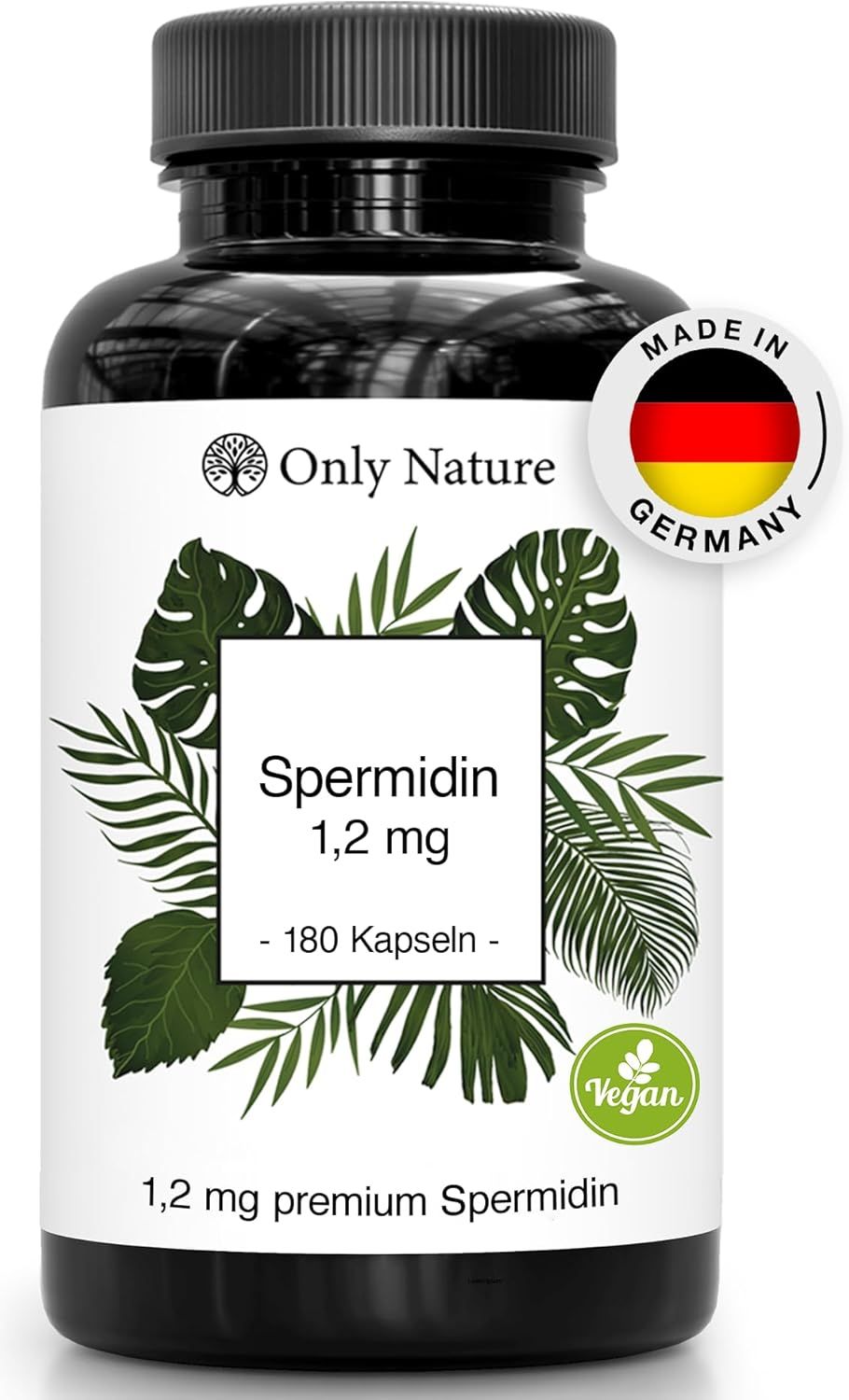 Braune Flasche mit schwarzen Kapseln. Etikett mit Produktnamen, Spermidin 1,2 mg, 180 Kapseln. Vegan-Siegel. Made in Germany.