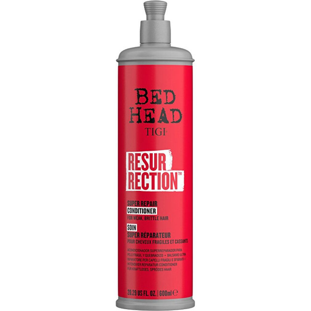 Graue Flasche mit rotem Etikett. Aufschrift: Bed Head Tigi Resurrection Super Repair Conditioner. Mit Pumpe.
