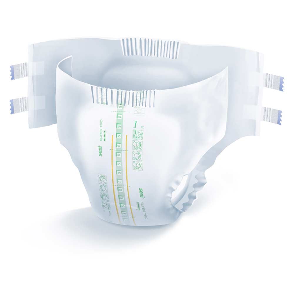 Weiße Inkontinenzwindel. Mit Klebestreifen und Indikator. Innenliegende, absorbierende Schicht. Für Erwachsene.