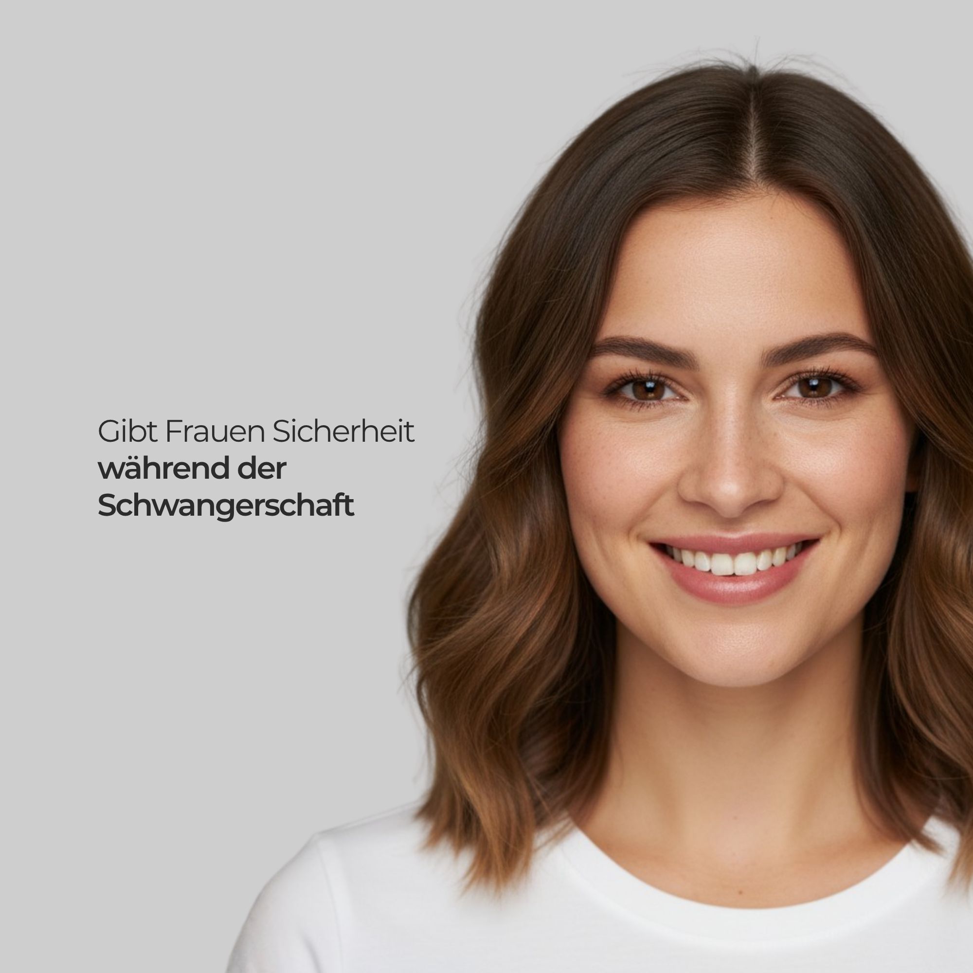 Porträt einer lächelnden Frau. Text: Gibt Frauen Sicherheit während der Schwangerschaft.