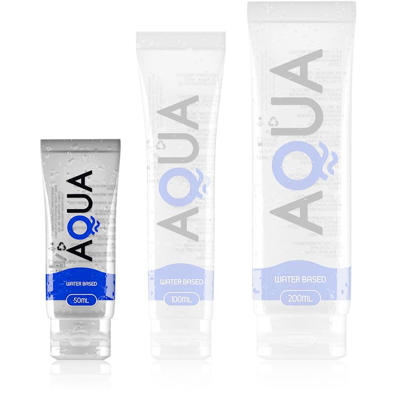 Drei AQUA Gleitmittel Tubes in Größen 50ml, 100ml und 200ml.