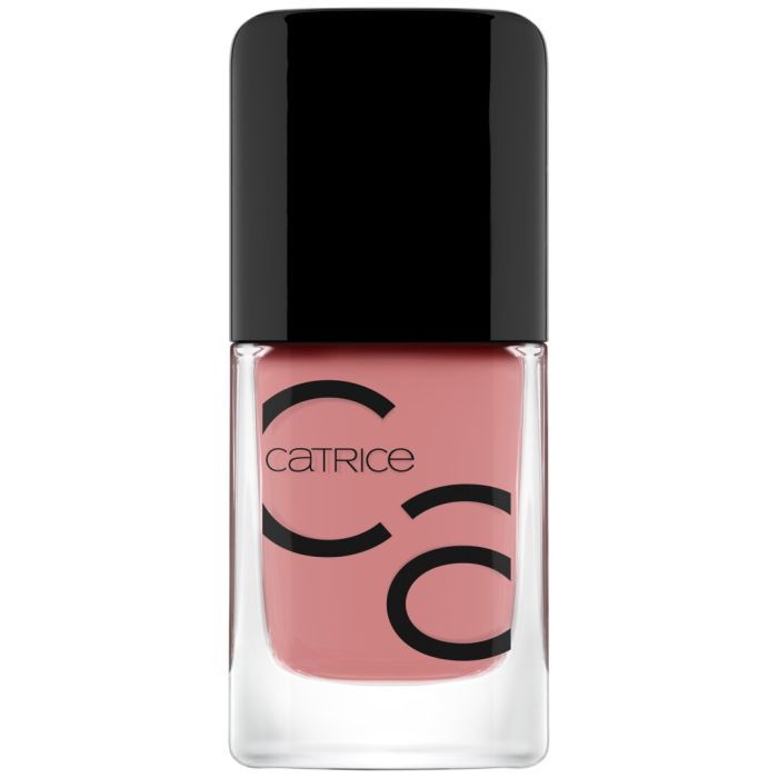 Nagellackflasche mit schwarzem Deckel. Rosa Inhalt. Marke Catrice, Schriftzug schwarz.