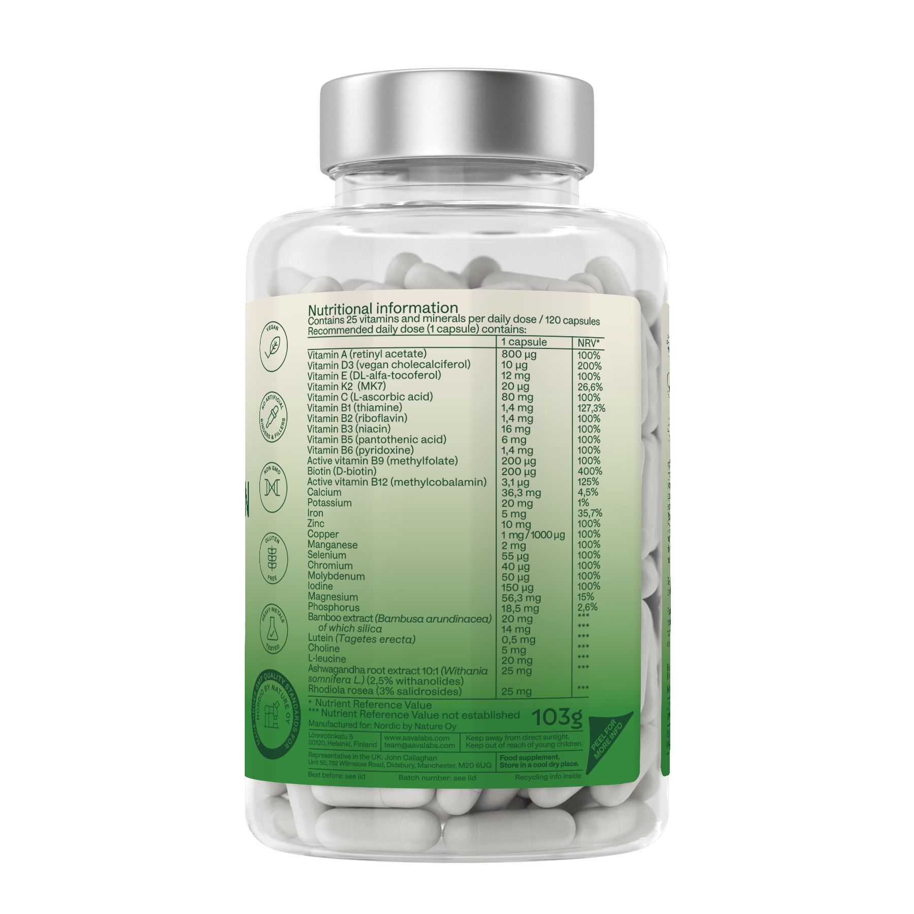 Rückseite der Flasche mit weißen Kapseln. Aufschrift: Nährwertangaben. Enthält 25 Vitamine und Mineralien pro Tagesdosis. 103g.