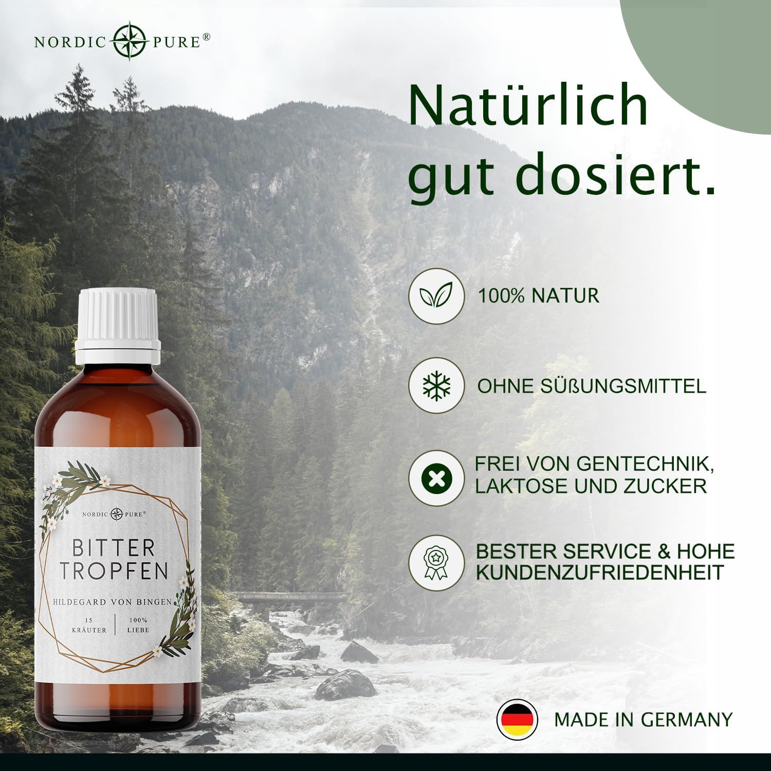 Braune Glasflasche vor Berglandschaft. Text: Natürlich gut dosiert. Logos für 100% Natur, ohne Süßungsmittel, frei von Gentechnik, Laktose und Zucker.