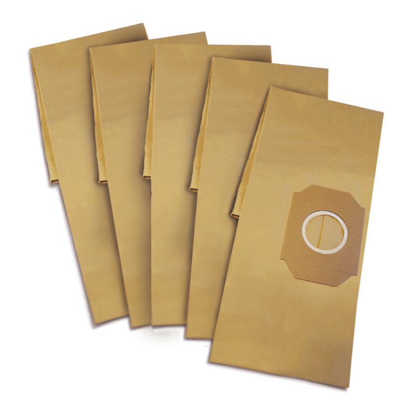 Fünf Filterbeutel aus Papier. Beige. Mit rundem Loch und weißem Ring. Für Staubsauger.