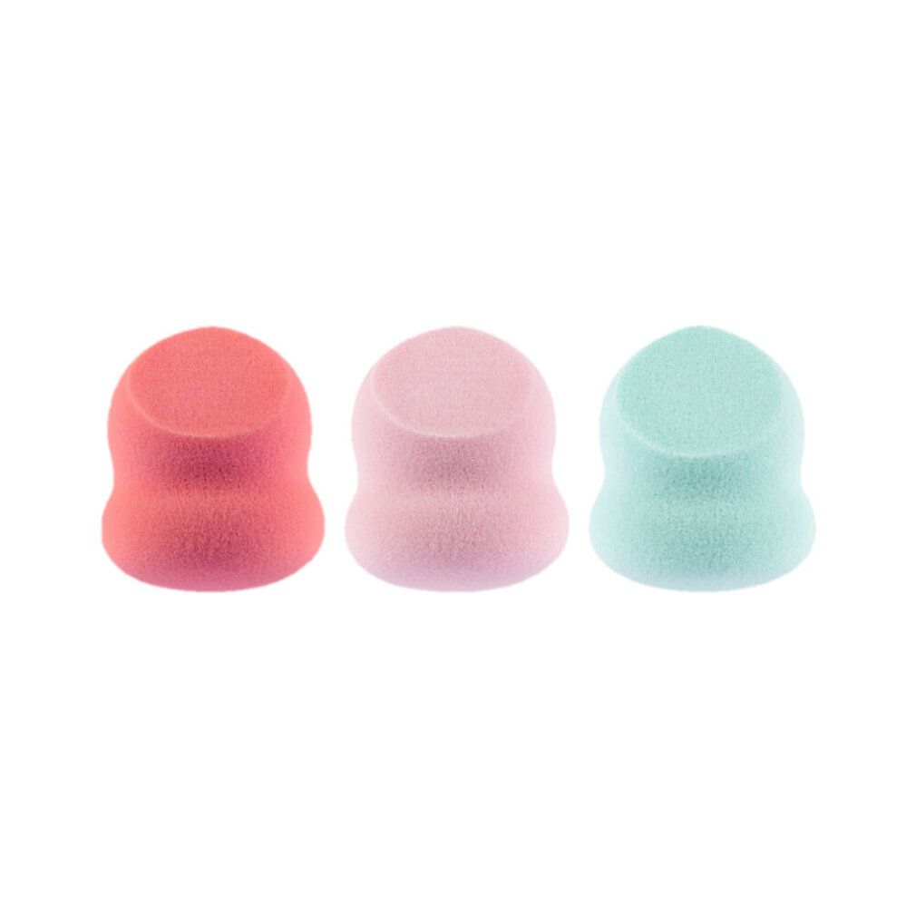 Drei Make-up-Schwämme in Rot, Rosa und Mintgrün. Sie haben eine abgerundete Form mit einer schmaleren Taille.