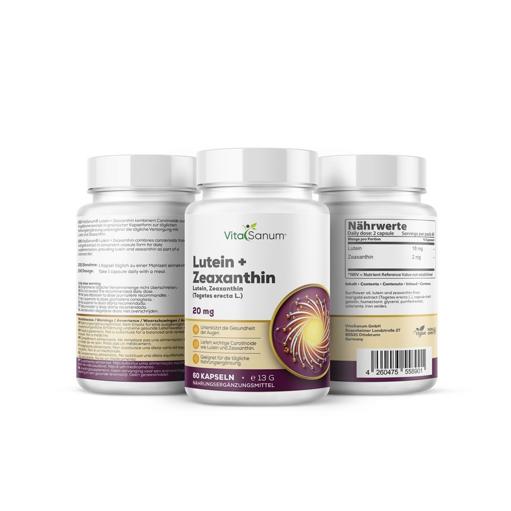 Drei Flaschen VitaSanum®-Lutein + Zeaxanthin. Aufschrift: Lutein + Zeaxanthin, 20 mg, 60 Kapseln. Lila-goldenes Etikett.