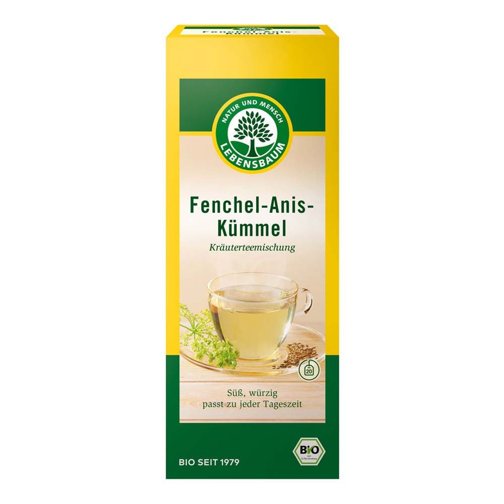 Lebensbaum Fenchel-Anis-Kümmel Tee: Packung mit Kräuterteezubereitung und einer Tasse Tee.