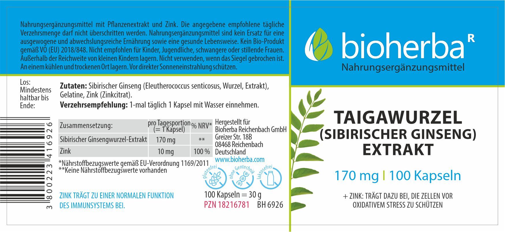 Etikett mit Produktinformationen: Taigawurzel Extrakt, 170 mg, 100 Kapseln. Marke: Bioherba. Zutaten, Verzehrempfehlung, Nährwertangaben, Zertifizierungen.