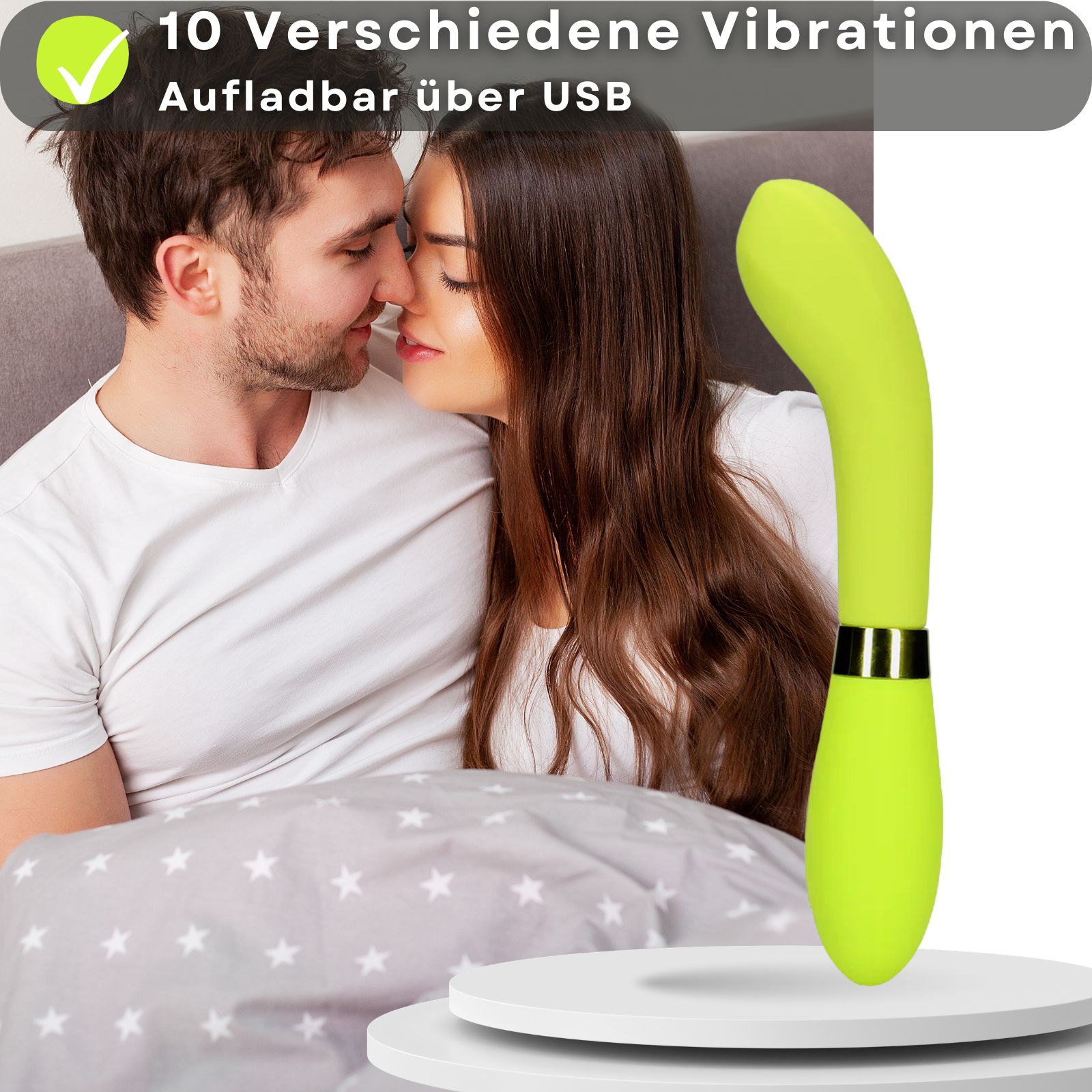 Hellgrüner Vibrator. Text: 10 Vibrationen, aufladbar über USB. Paar im Hintergrund.