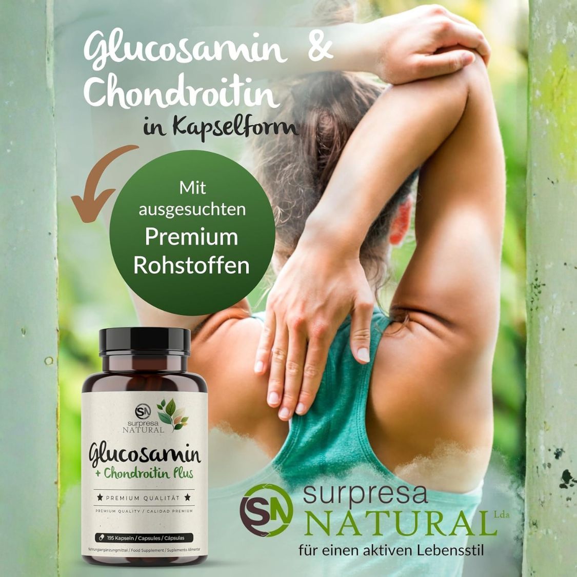Flasche Surpresa Natural Glucosamin + Chondroitin Plus neben einer Person, die ihren Arm dehnt.