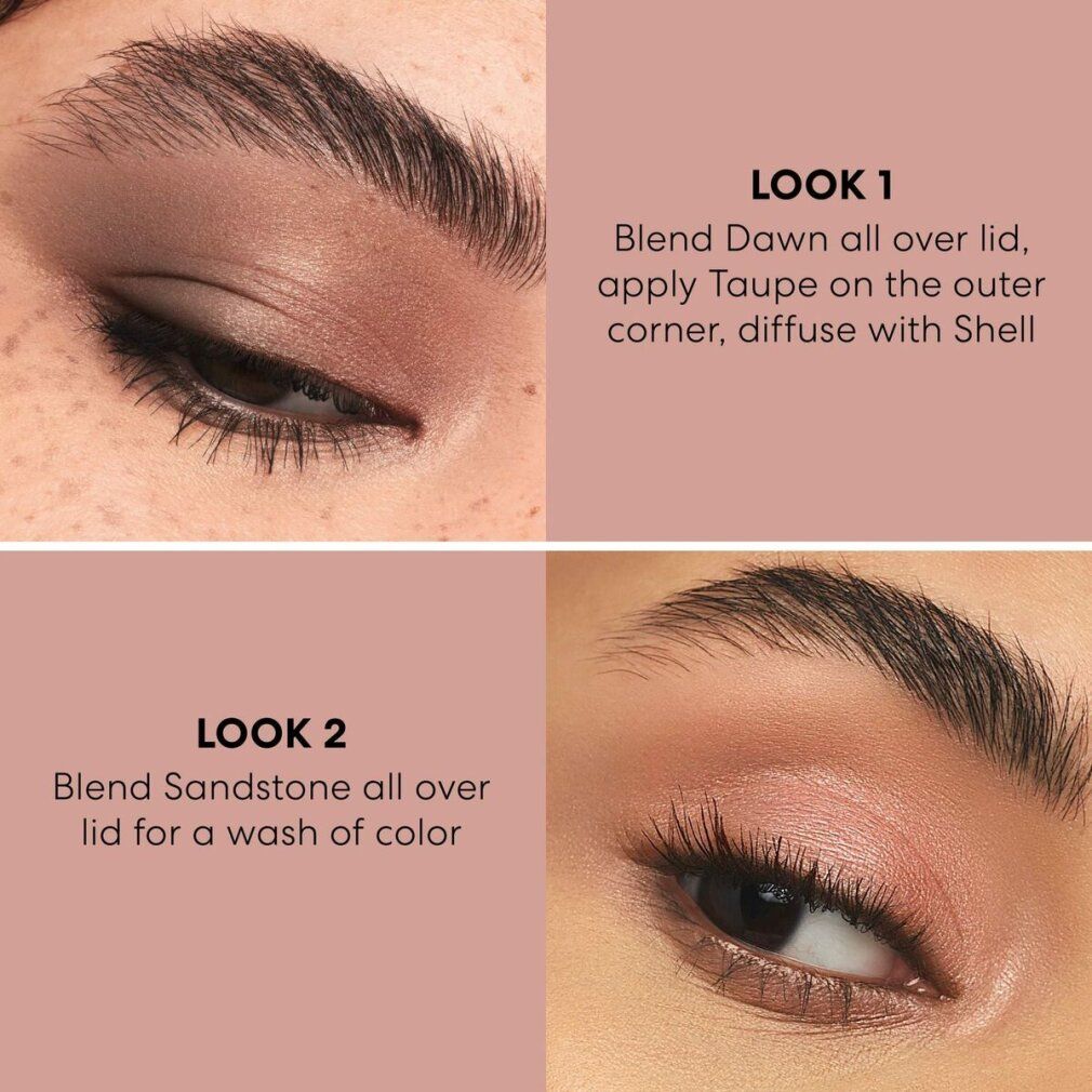 Zwei Augen mit geschminkten Lidern. Anweisungen für zwei Looks. Produktname nicht sichtbar.