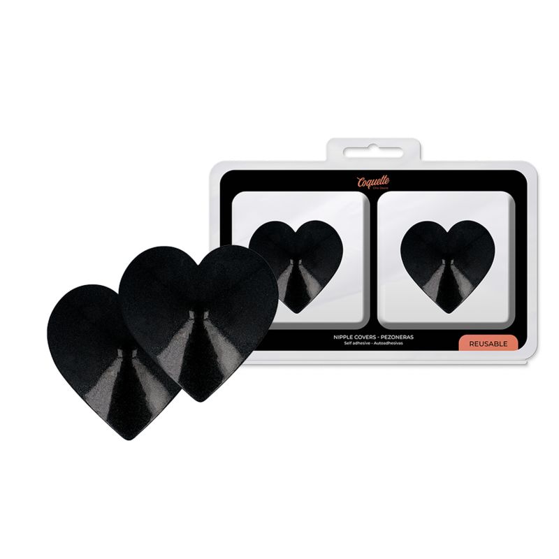 Schwarze Herz-Nippelabdeckungen, zwei Stück, in Verpackung. Marke Coquette. Wiederverwendbar. Aufkleber-Design.